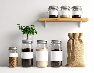 Jars, plant, sack sit on surface under shelf. Clean decor