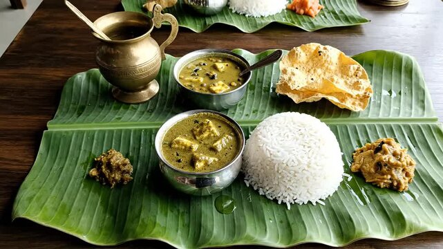 Traditional indian food palak paneer served on banana leaf with rice and dosa