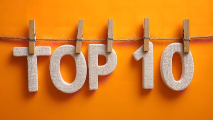 Elegant Top 10 Graphic: White Letters Hanging on Twine Against Vibrant Orange Canvas