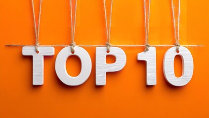 Rustic Top 10 List: Wooden Letters on String Against a Vibrant Orange Backdrop