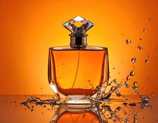 Amber liquid perfume in crystalline bottle, splashy droplets