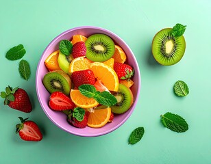 Fruit salad in pink bowl on teal surface, mint garnish
