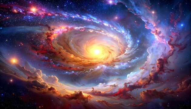 A vibrant, swirling galaxy filled with colorful nebulae and a bright, central light, evokes awe and wonder