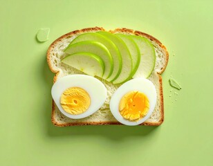 Toast with sliced apple and two halved hard-boiled eggs