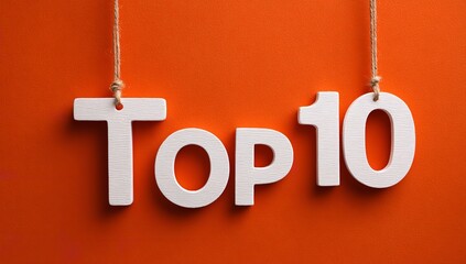 Textured Top 10 Display: Clothespin-Hanging Letters with a Vibrant Orange Backdrop Image