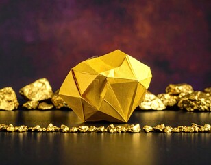 Golden origami nugget atop row of gold bits