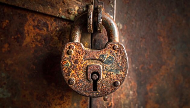 A heavily rusted, aged padlock secures a weathered metal surface, showcasing textures and decay - Powered by Adobe