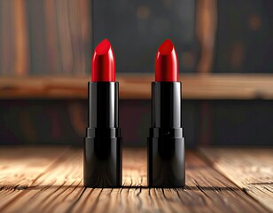 Two bright red lipsticks on weathered, light brown wood