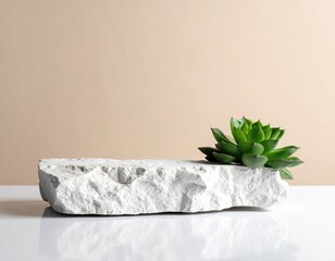 Stone platform showcases a succulent against a beige background
