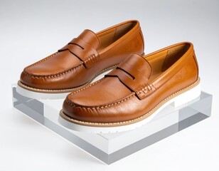 Tan leather penny loafers on clear acrylic block display