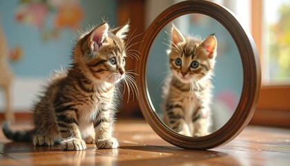 Adorable kitten stares intently at its reflection in a round mirror, set on a shiny wooden floor