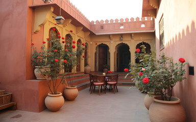 Rustic Indian Haveli Courtyard with Red Roses and Terracotta Decor Backdrop
