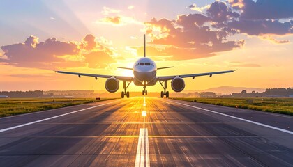 Airplane ready for takeoff at golden sunset, runway stretching into the horizon, a symbol of travel and new beginnings