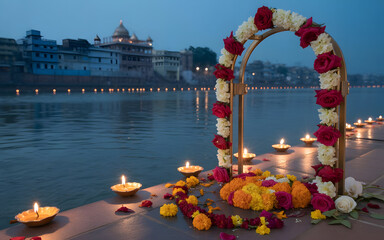Sacred Ganges Riverside Archway with Roses, Marigolds, and Floating Diyas. Backdrop