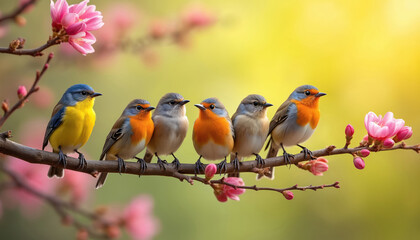 Group of small birds rest on blooming tree branch. Springtime nature scene with pink flowers and soft yellow background light. Colorful little birds perched together in calm weather.