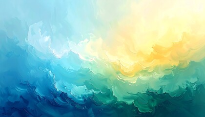 Abstract painting with flowing blues merging into sunny yellows, resembling clouds or water