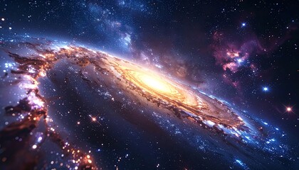 A vibrant spiral galaxy with glowing core, stars, and cosmic dust against a deep blue and purple celestial background