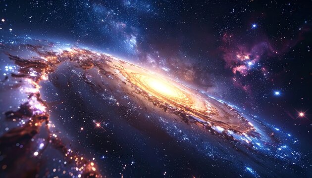 A vibrant spiral galaxy with glowing core, stars, and cosmic dust against a deep blue and purple celestial background
