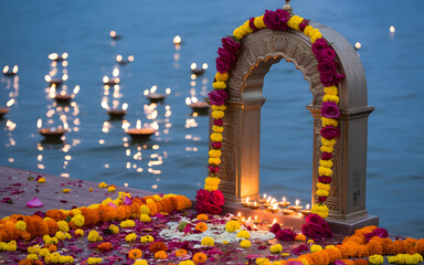 Sacred Ganges Riverside Archway with Roses, Marigolds, and Floating Diyas. Backdrop
