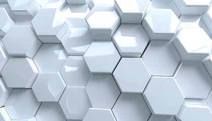 Abstract white hexagon tiled surface; some tiles raised, others indented. Glossy finish with gradient shadows and bright highlights