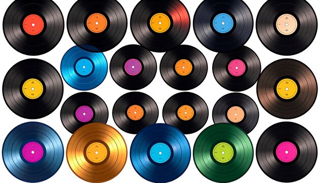 Array of vinyl records with vibrant labels, creating a colorful musical tapestry on a white backdrop