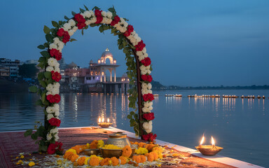 Sacred Ganges Riverside Archway with Roses, Marigolds, and Floating Diyas. Backdrop
