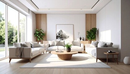 Fototapeta premium Bright, modern living room featuring sofas, a wooden table, and a garden view through the large windows