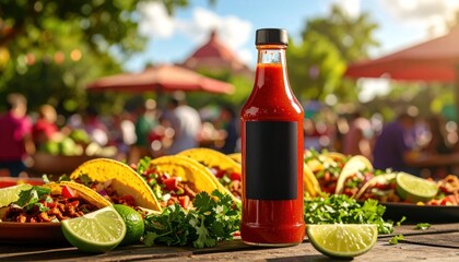 Spicy tacos with sauce with lime and people in the background.