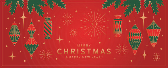 Christmas holiday banner design. Red background with vintage ornaments with gold line and winter holiday decor, hanging on a Christmas tree branch. Xmas greeting message. Vector illustration
