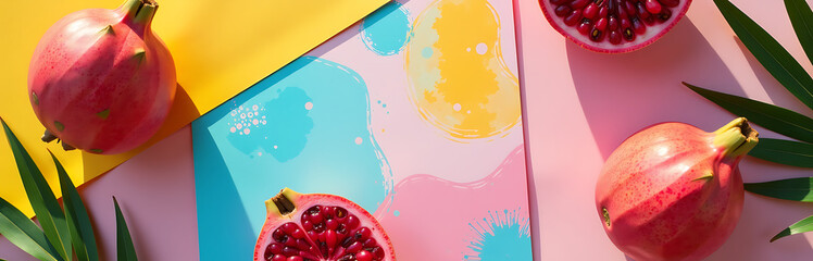 flat lay whimsical summer scene featuring vibrant abstract artwork backdrop surrounded fresh dragonfruit colorful