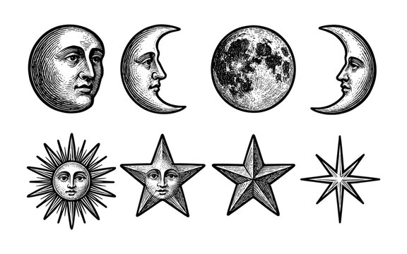 Vintage celestial emblems: sun, moon, and stars in retro engraving style