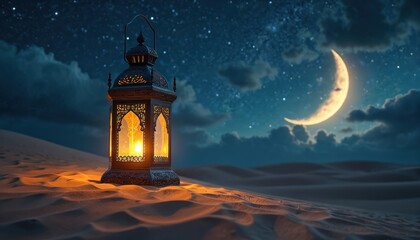 Ornate traditional lantern with warm light illuminates desert sand dunes. Bright crescent moon shines with many stars in dark blue night sky. Serene setting creates spiritual mood for Islamic