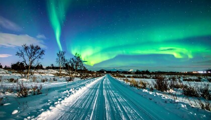 A snowy road stretches toward mountains under a vibrant aurora borealis display in a winter landscape at night