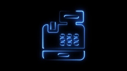 Neon blue cash register outline glowing on black background digital animation abstract technology concept for retail - Powered by Adobe