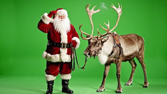 Santa claus with reindeer on green screen background in studio christmas holiday celebration