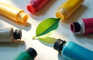 flat lay captures single vibrant green leaf delicately arranged among colorful paint tubes soft natural light subtle