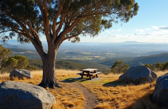 Large tree stands by picnic table on hill. Golden grass covers ground with big rocks. Distant city views stretch across valleys, green mountains under blue sky. Serene lookout perfect spot for