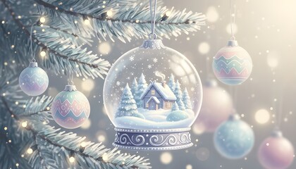 Whimsical illustration of a snow globe ornament with a cabin, hanging on a pastel Christmas tree