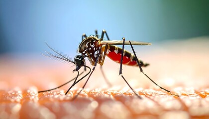 Close up of a mosquito sucking blood, its thin legs on skin and intricate patterns are vividly displayed