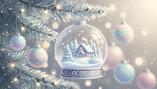 Whimsical illustration of a snow globe ornament with a cabin, hanging on a pastel Christmas tree