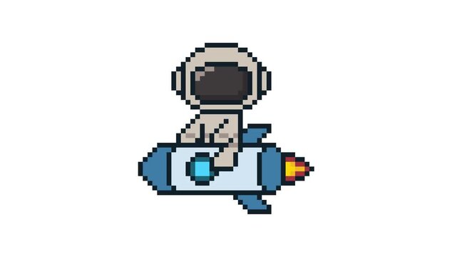 8-bit pixel art spaceman character on a blue rocket. looped animation 4k 30fps