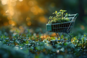 Shopping cart overflowing with saplings represents carbon offsetting.