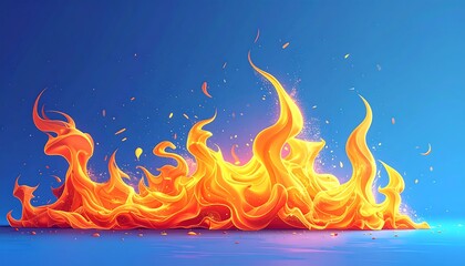 Bright, orange flames dance against a blue background, sparks floating in the air creating a vibrant, animated scene