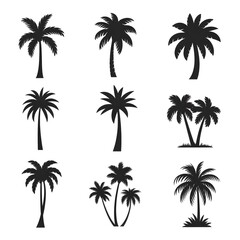 Naklejka premium Tropical Silhouette: Nine iconic palm tree silhouettes against a clean background, ideal for evoking a sense of warm tropical landscapes and island getaway.
