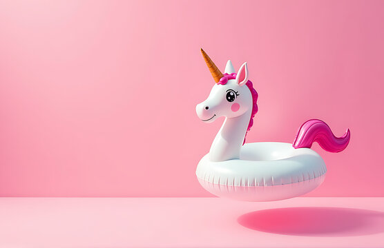 bright pastel pink background hosts whimsical inflatable unicorn pool toy surrounded empty space text overlays