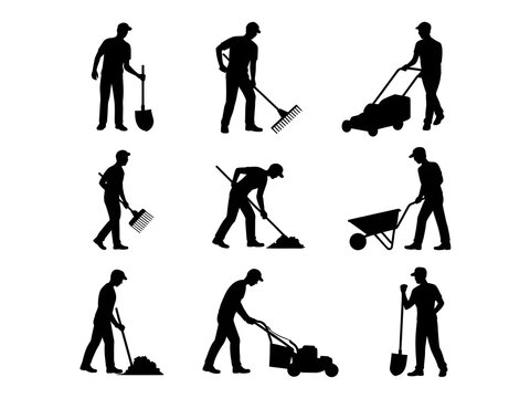 Gardening Silhouette: A collection of various gardening activities showcases the silhouettes of individuals engrossed in tasks like shoveling, sweeping, mowing, and other grounds keeping duties.