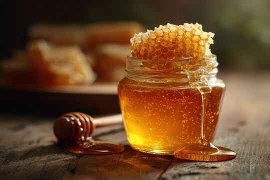 Golden honey in a glass jar with honeycomb on a rustic wooden table