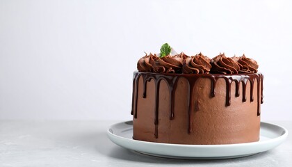 Chocolate cake with drip icing & piped frosting on white plate, set against a light backdrop