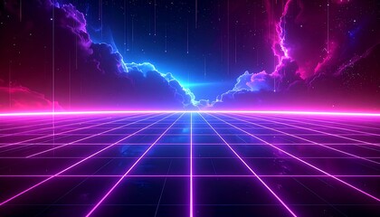 Cyberpunk landscape with purple grid floor, neon clouds, and a star-filled sky