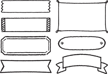 黒の線画の手描き風ラベル枠・見出し枠セット（背景色なし線画のみ）